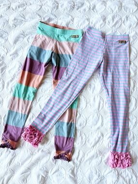 Matilda Jane Lala Land Leggings Fun and Games Striped Ruffle Hem Purple Blue 10